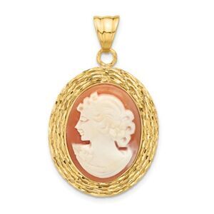 14K Diamond-cut Natural Shell Portrait Cameo Pendant